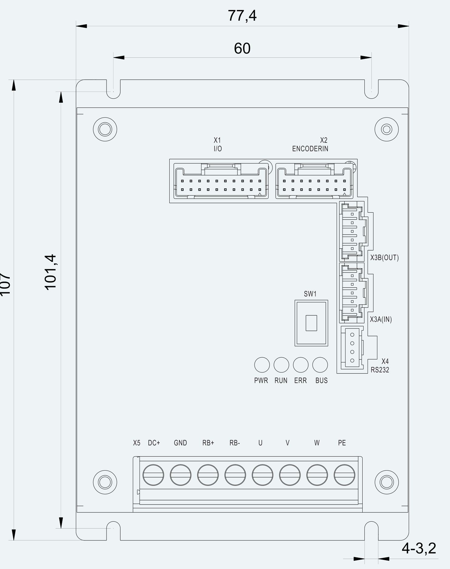 Mechanical Dimensions extracted from dimension drawing for 24–60 V Compact Servo Drive Series — ES-SD-C01-S010