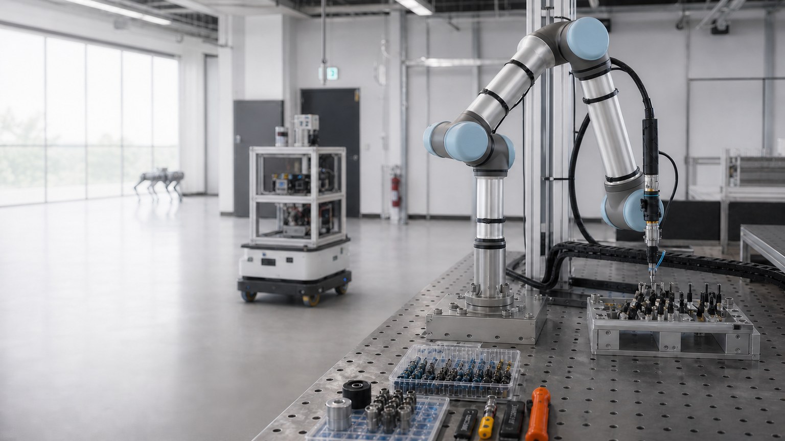 Conceptual robotics engineering workspace with an articulated arm, test fixture and autonomous mobile platform.