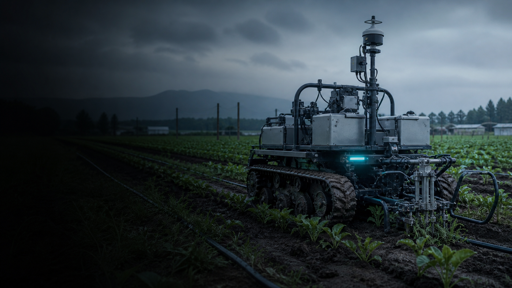 A rugged tracked agricultural robot operating between crop rows in a field.