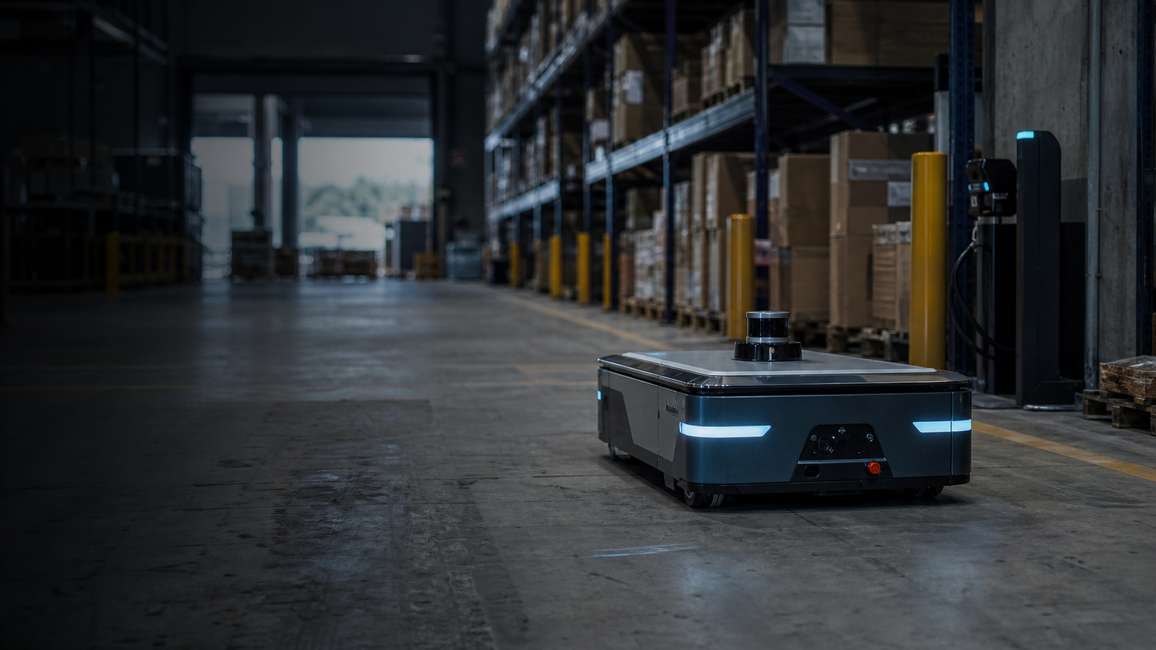 An autonomous mobile robot in a warehouse aisle beside pallet racks and marked operating lanes.