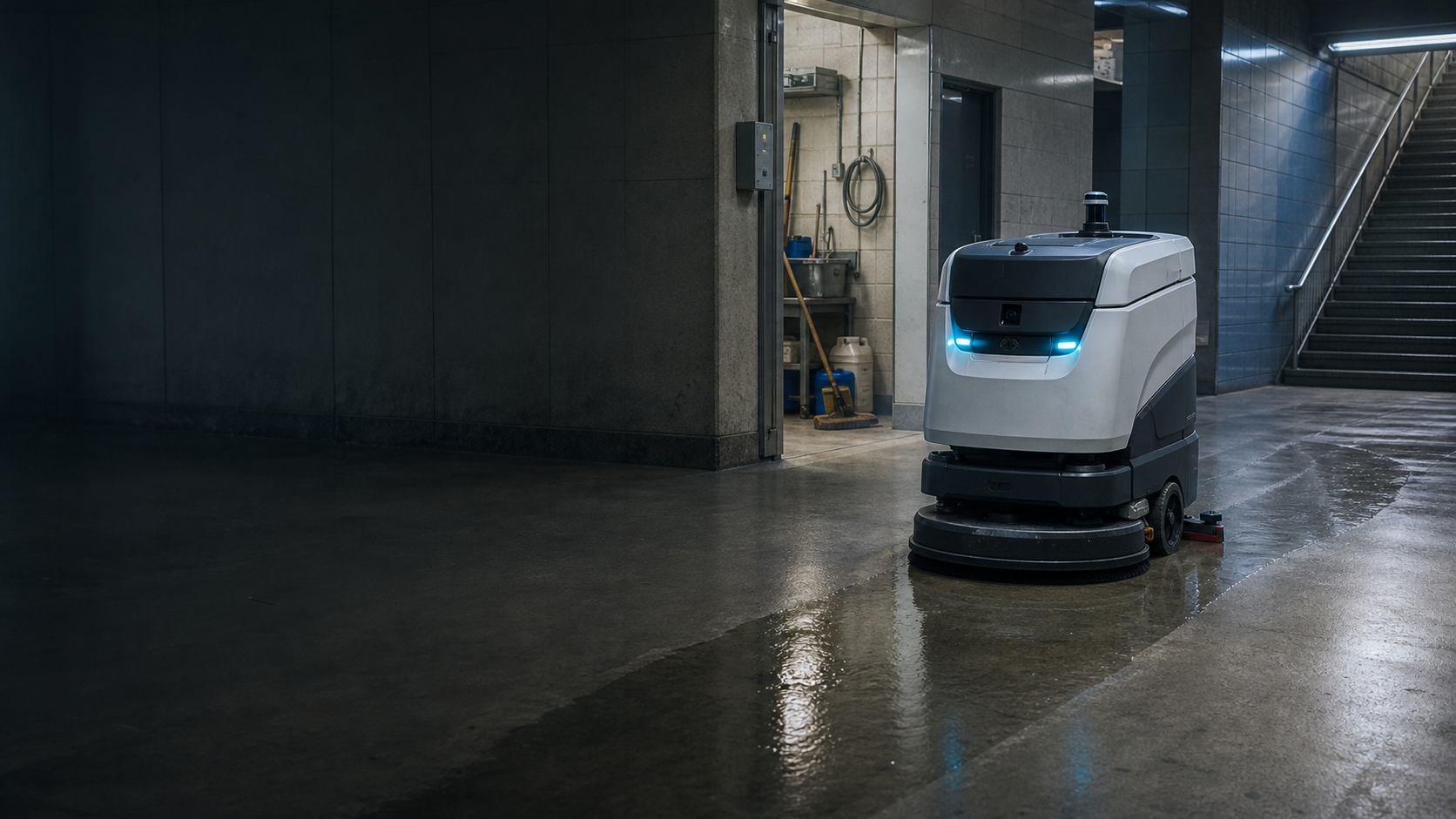 An autonomous floor-cleaning robot operating in a large indoor facility.