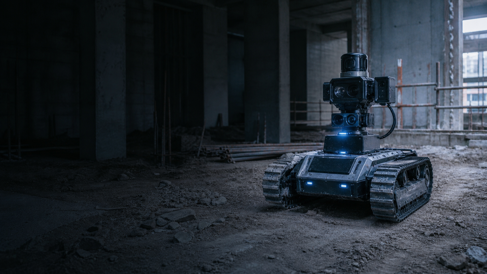 A tracked inspection robot operating among heavy equipment on a construction site.