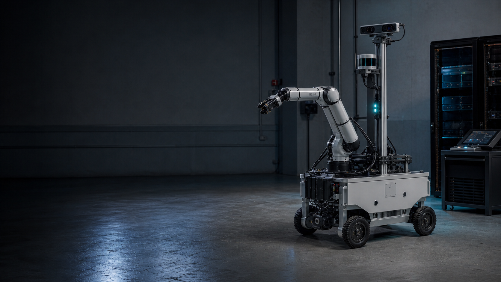 A mobile sensor rig surrounded by cameras and compute equipment in a robotics laboratory.