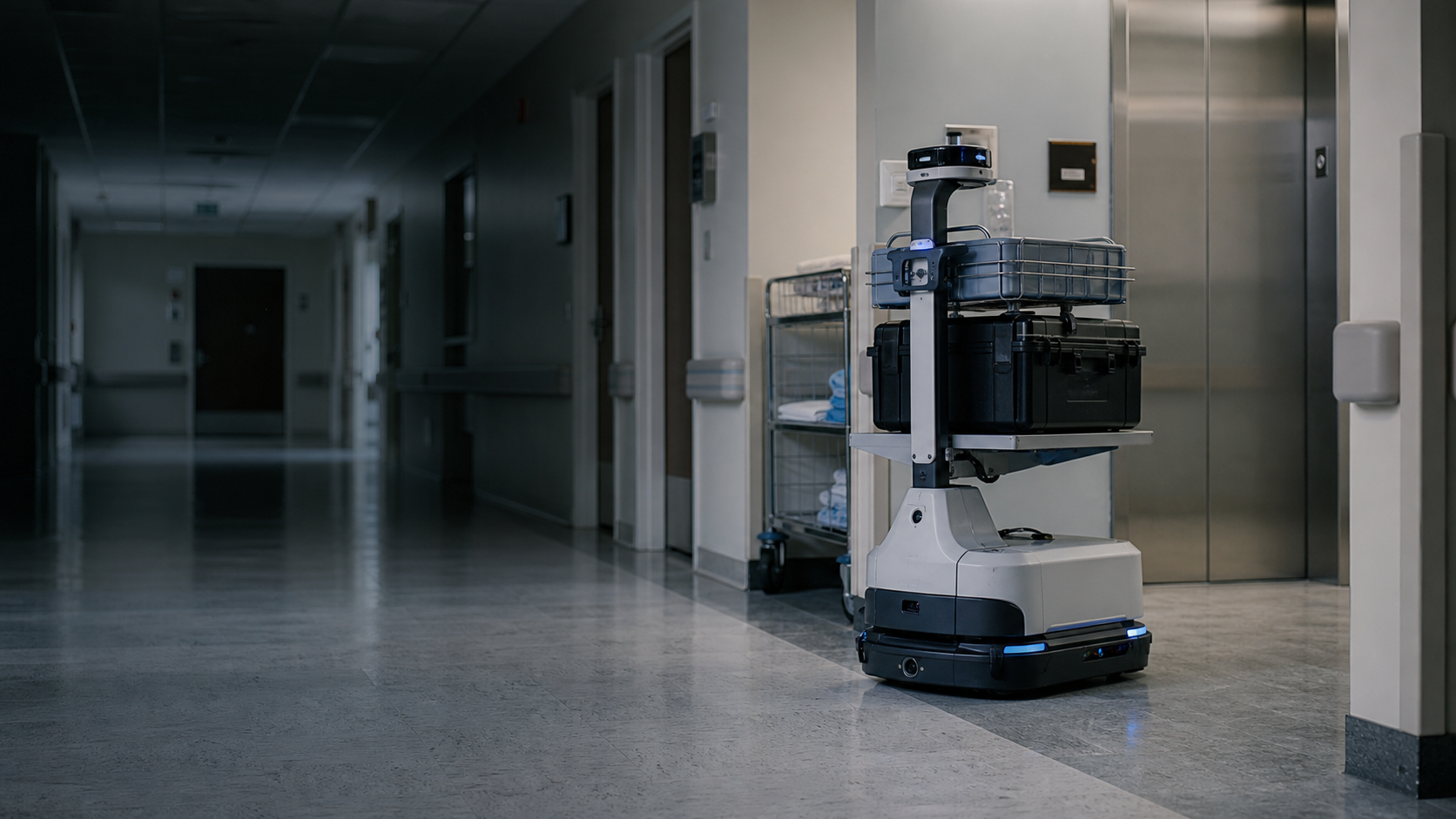 An autonomous hospital logistics robot moving through a clinical service corridor.