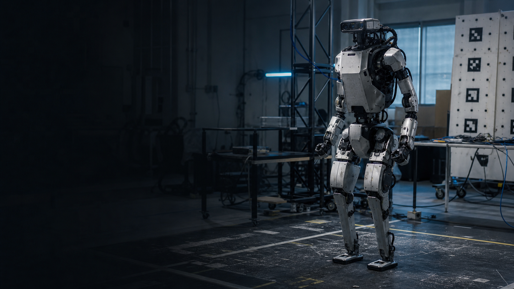 A full-size humanoid research robot on a marked robotics laboratory test floor.
