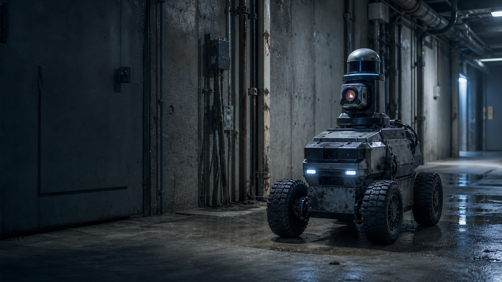 A rugged autonomous inspection robot operating along an industrial utility corridor.