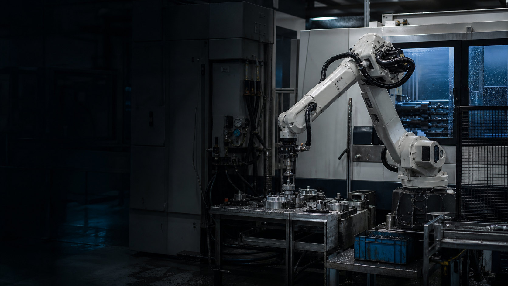 An industrial robotic arm working inside a manufacturing assembly cell.
