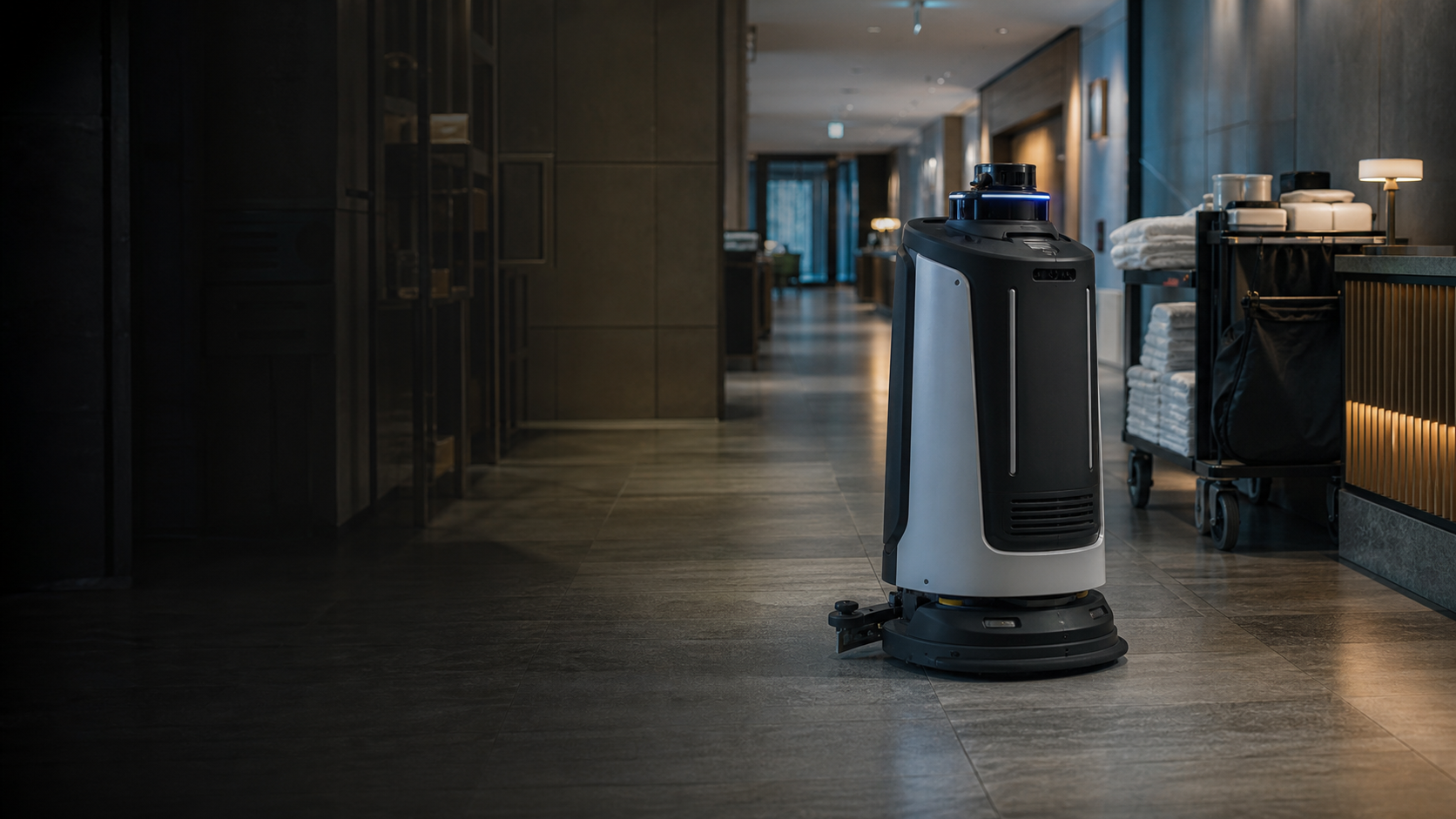 An autonomous service robot navigating a commercial hospitality lobby.
