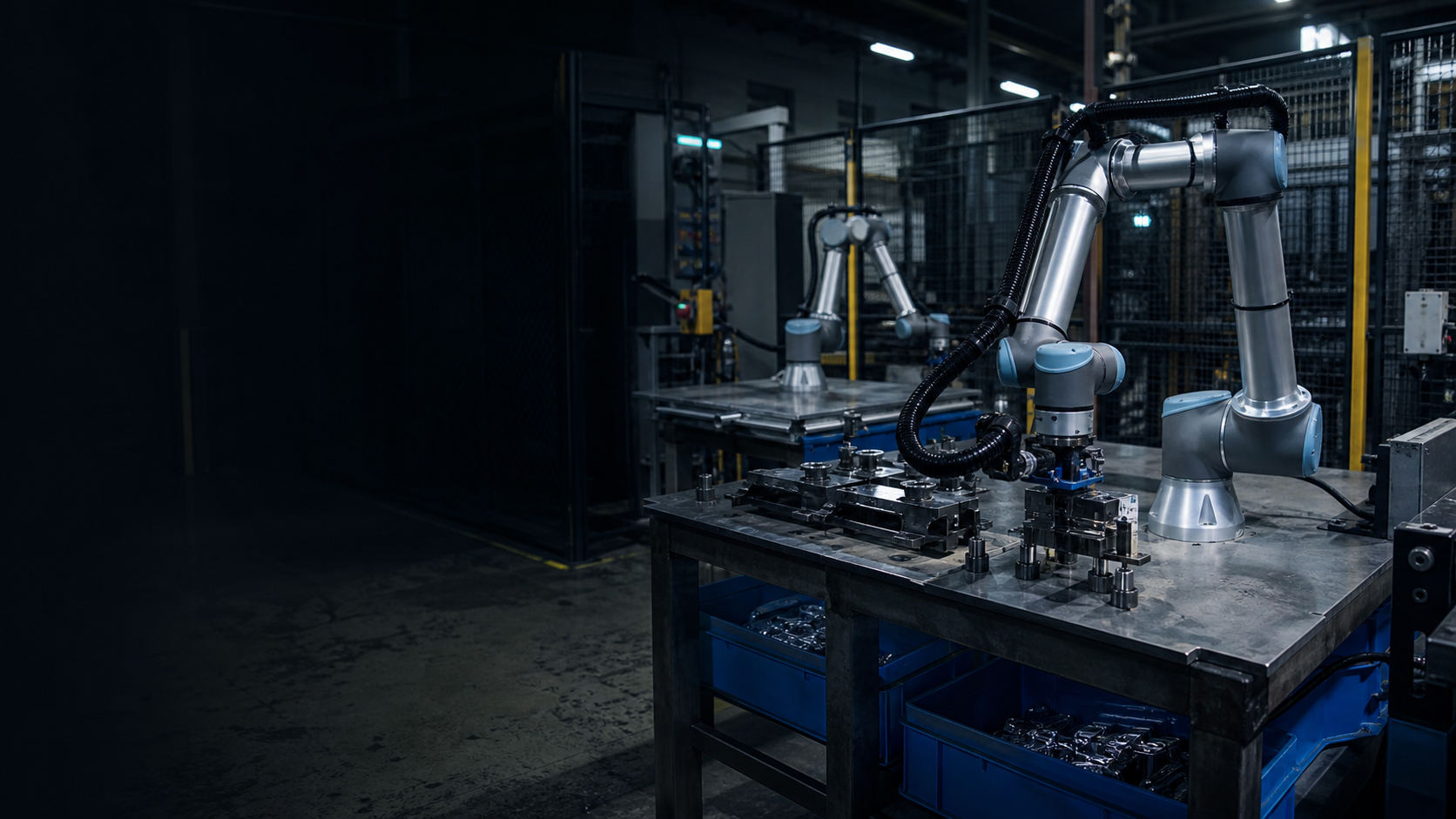 Collaborative robotic arms operating around an industrial assembly workstation.
