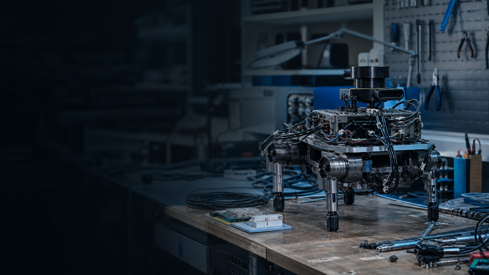 A modular mobile robot prototype positioned among laboratory benches and test equipment.