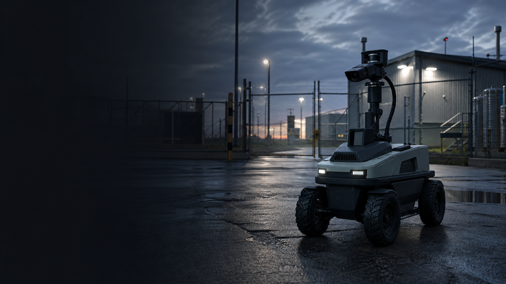 A rugged autonomous security patrol robot operating on an outdoor monitored route.
