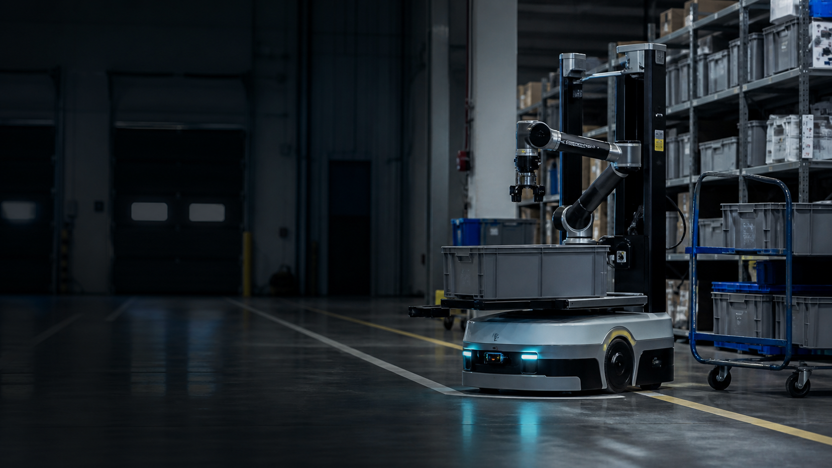 A mobile manipulation robot operating beside storage racks in a fulfillment warehouse.