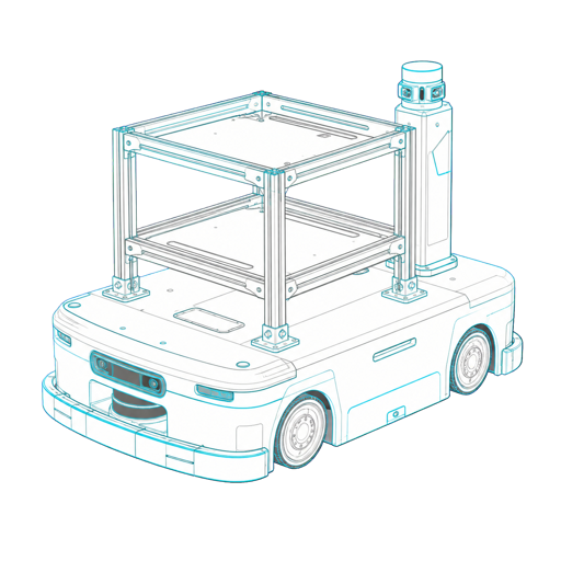 Conceptual autonomous mobile robot platform with drive, sensing and charging hardware.