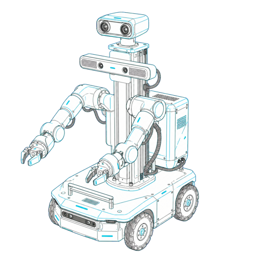 Conceptual embodied AI robot platform with sensing, compute and teleoperation hardware.