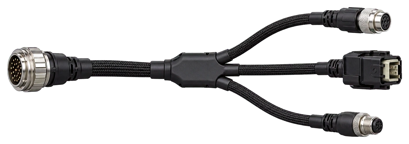 Industrial braided cable harness with a sealed branch body, strain relief and complete terminated connectors.
