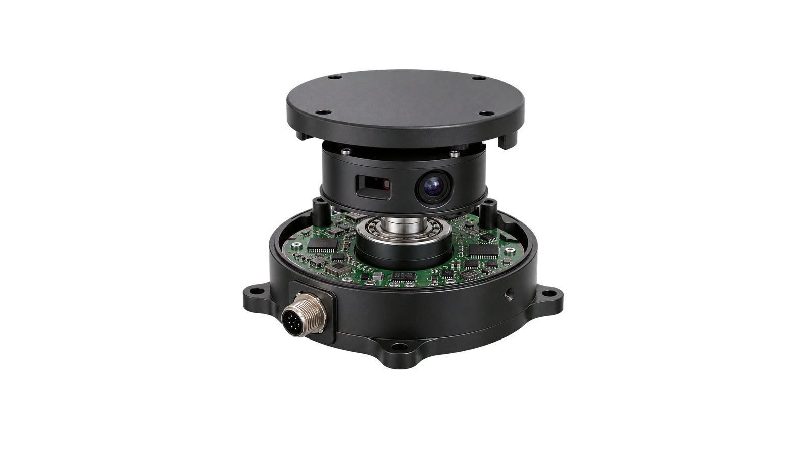 Compact rotary LiDAR module with optical scanning head, bearing, control board, connector and mounting base visible.