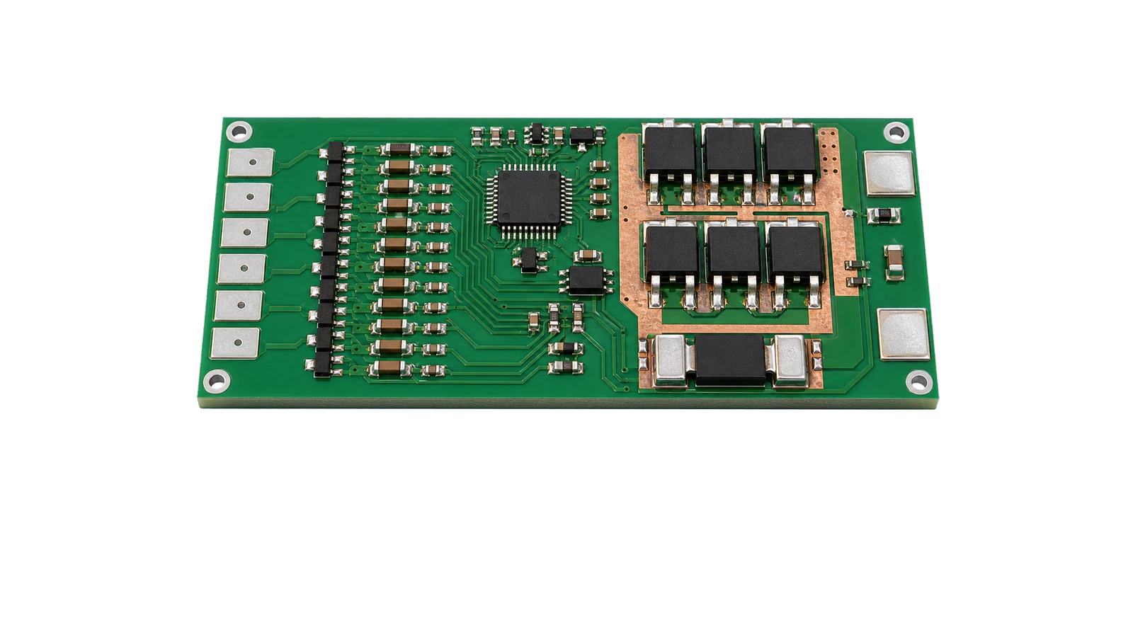 Unbranded six-cell lithium battery management board with protection components, balancing components and connection pads visible.