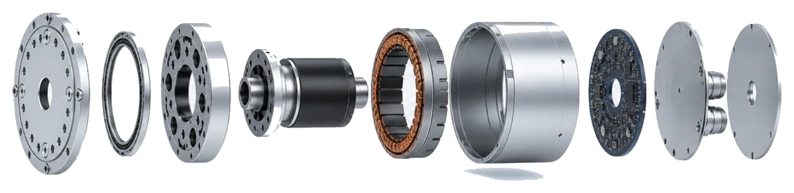 Exploded robot joint concept showing separated housings, bearing, rotor, stator, control board and covers.