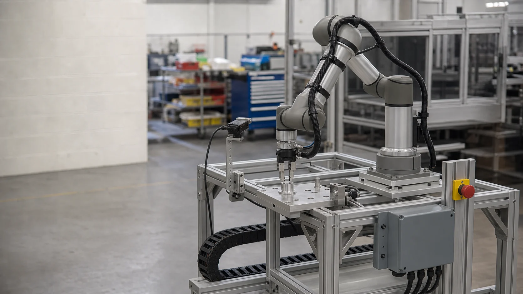Robotics integration test bench with an articulated arm, vision camera, end-of-arm gripper, fixture, harness, control enclosure and emergency stop.