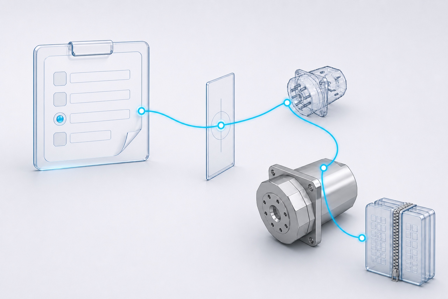 Conceptual sequence showing an engineering file request, review, 2D drawing, 3D model and controlled document package.