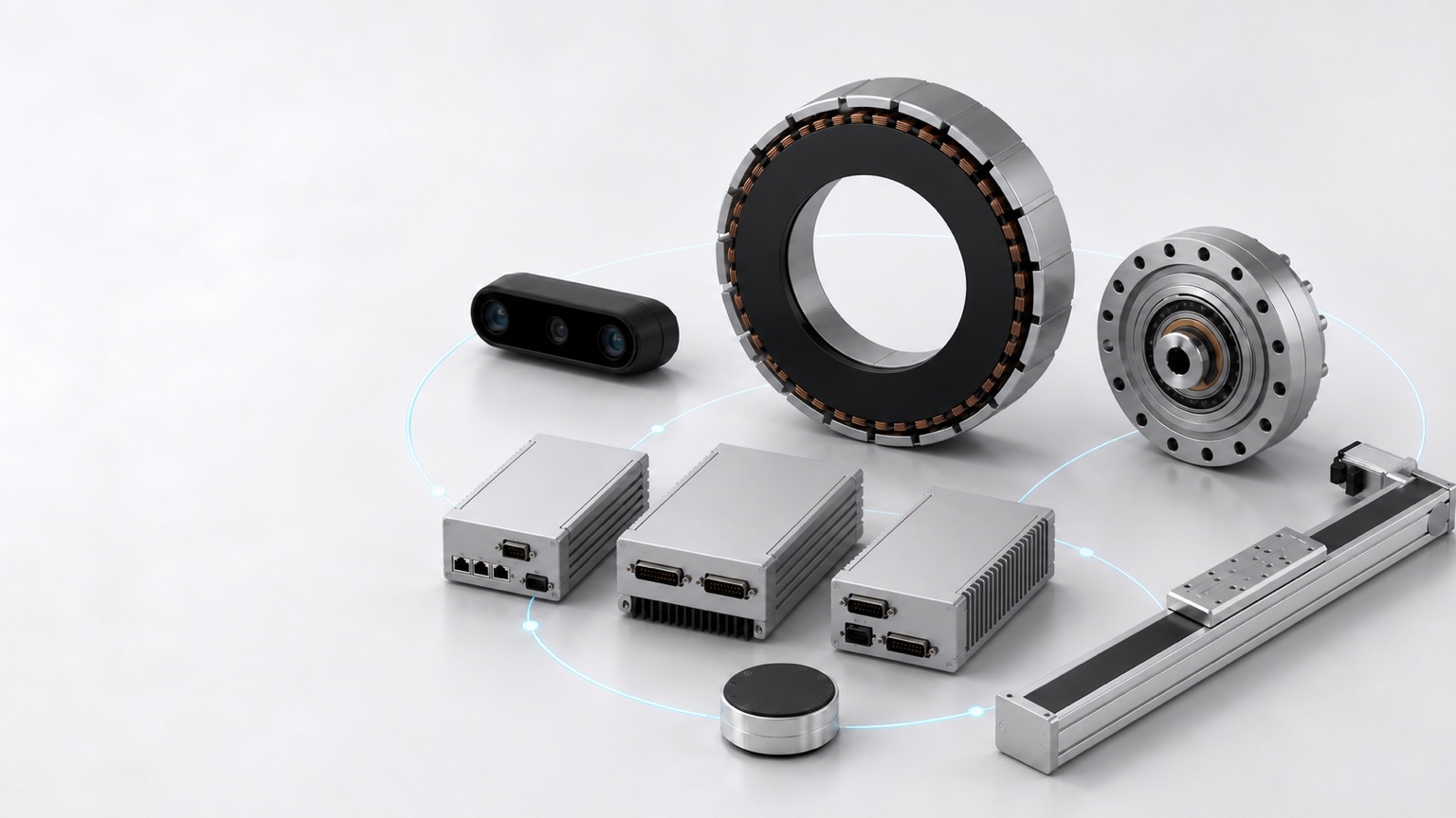 Conceptual engineering illustration of robotics motion, transmission, sensing, control and linear-motion hardware arranged as a connected family.