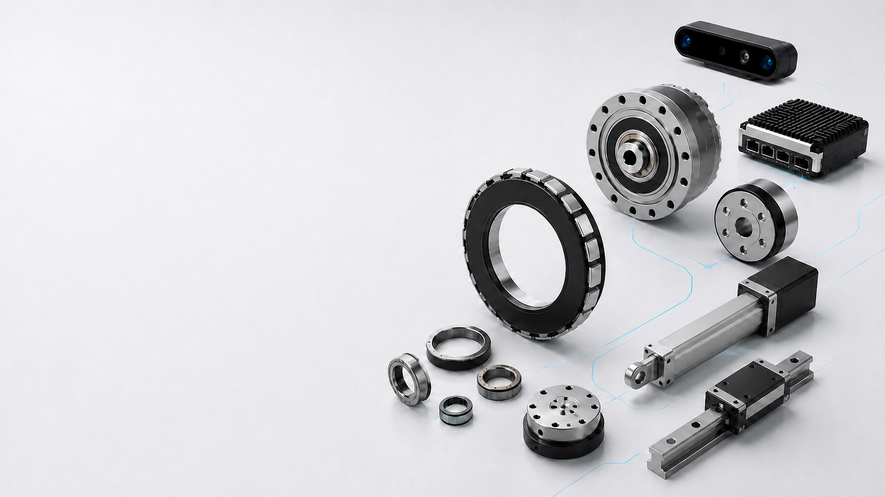 Conceptual robotics hardware family with a frameless motor, compact transmission, bearings, sensing, control hardware and linear actuators connected across an engineering surface.