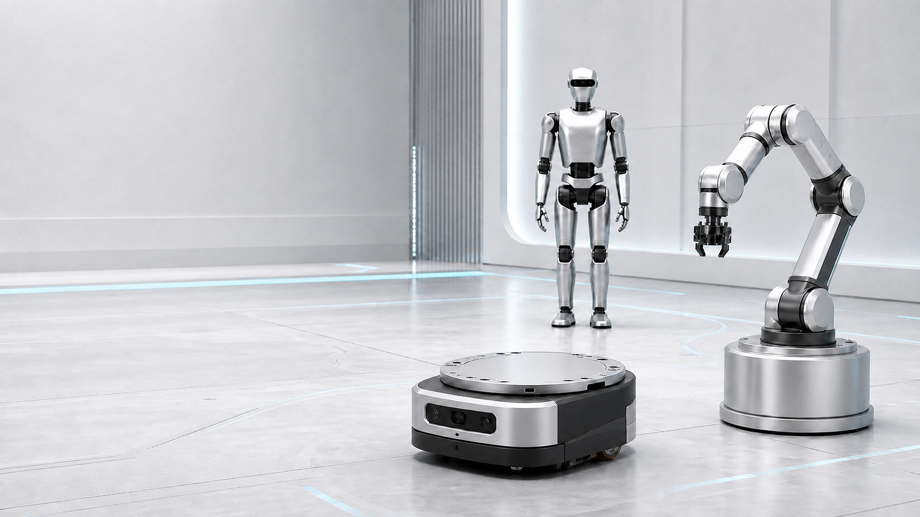 Conceptual engineering scene with a complete humanoid robot, articulated robotic arm and autonomous mobile robot in a shared robotics workspace.