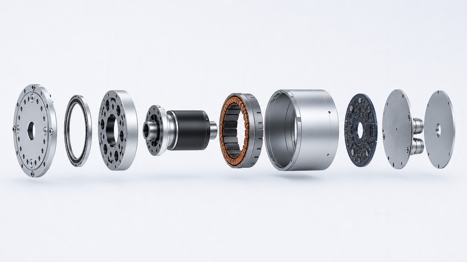 Exploded conceptual robot joint assembly with separated output, bearing, transmission, rotor, stator, housing, sensing and connector components